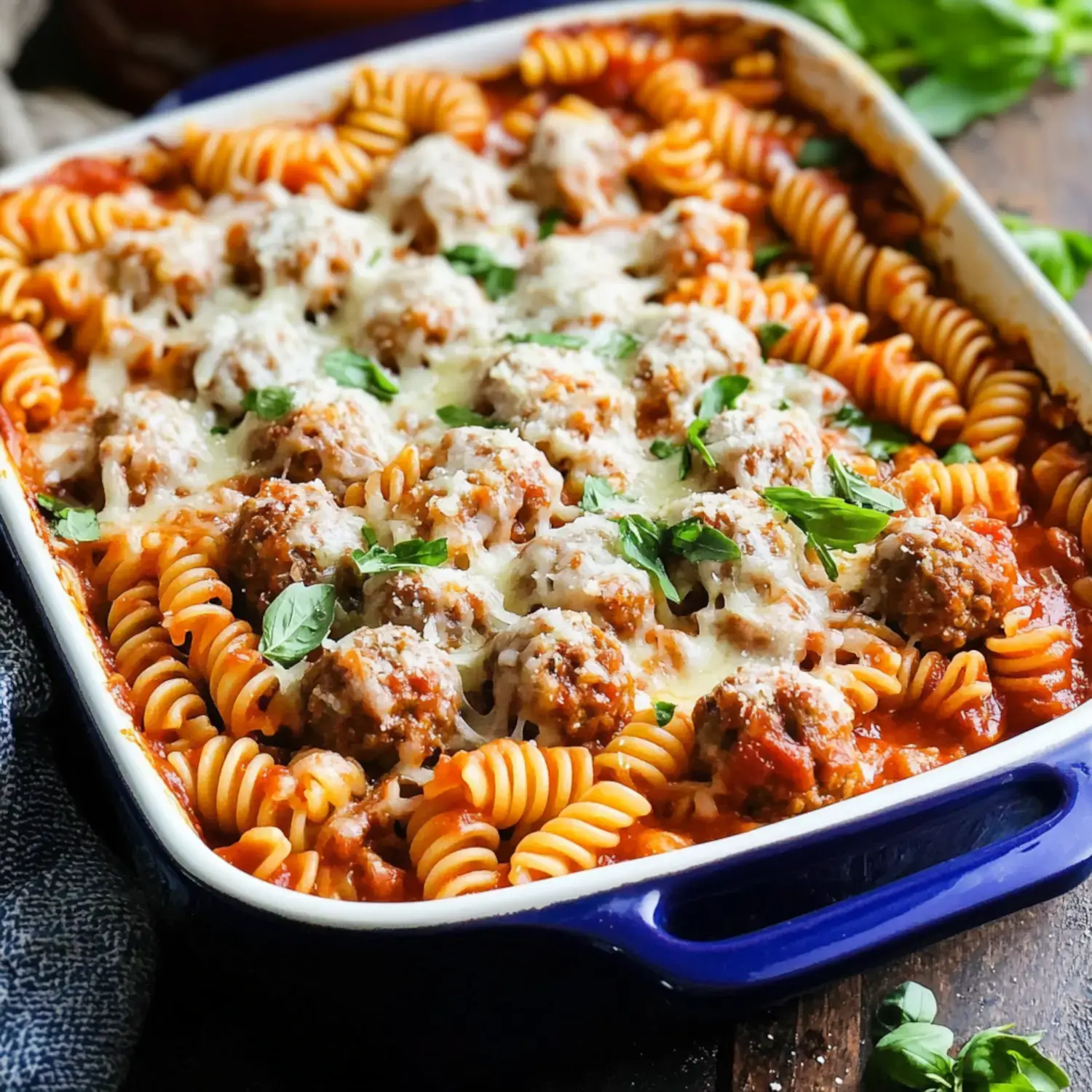 A baked pasta dish featuring rotini, meatballs, and melted cheese, garnished with fresh herbs.