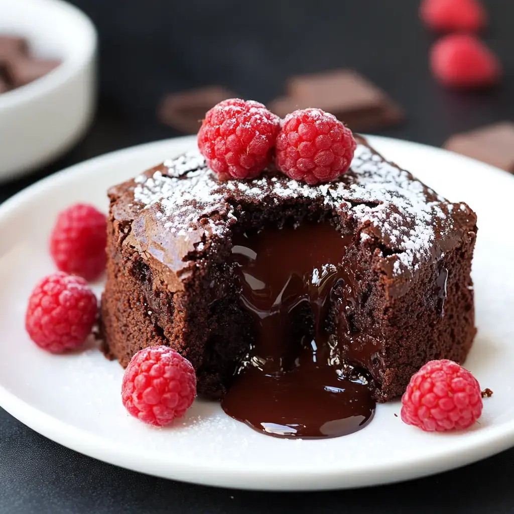 A molten chocolate lava cake, dusted with powdered sugar and topped with fresh raspberries, is served on a white plate.