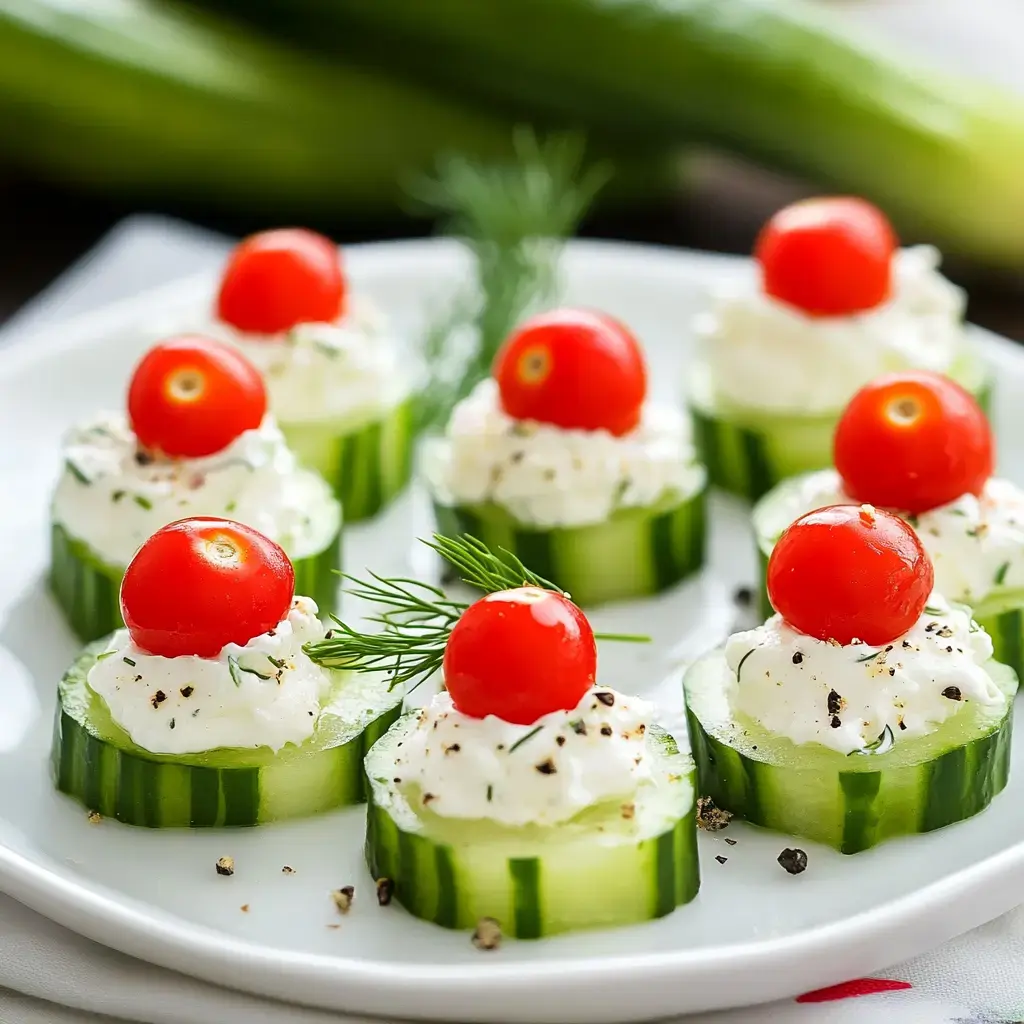 A plate of cucumber slices topped with cream cheese, herbs, and cherry tomatoes.