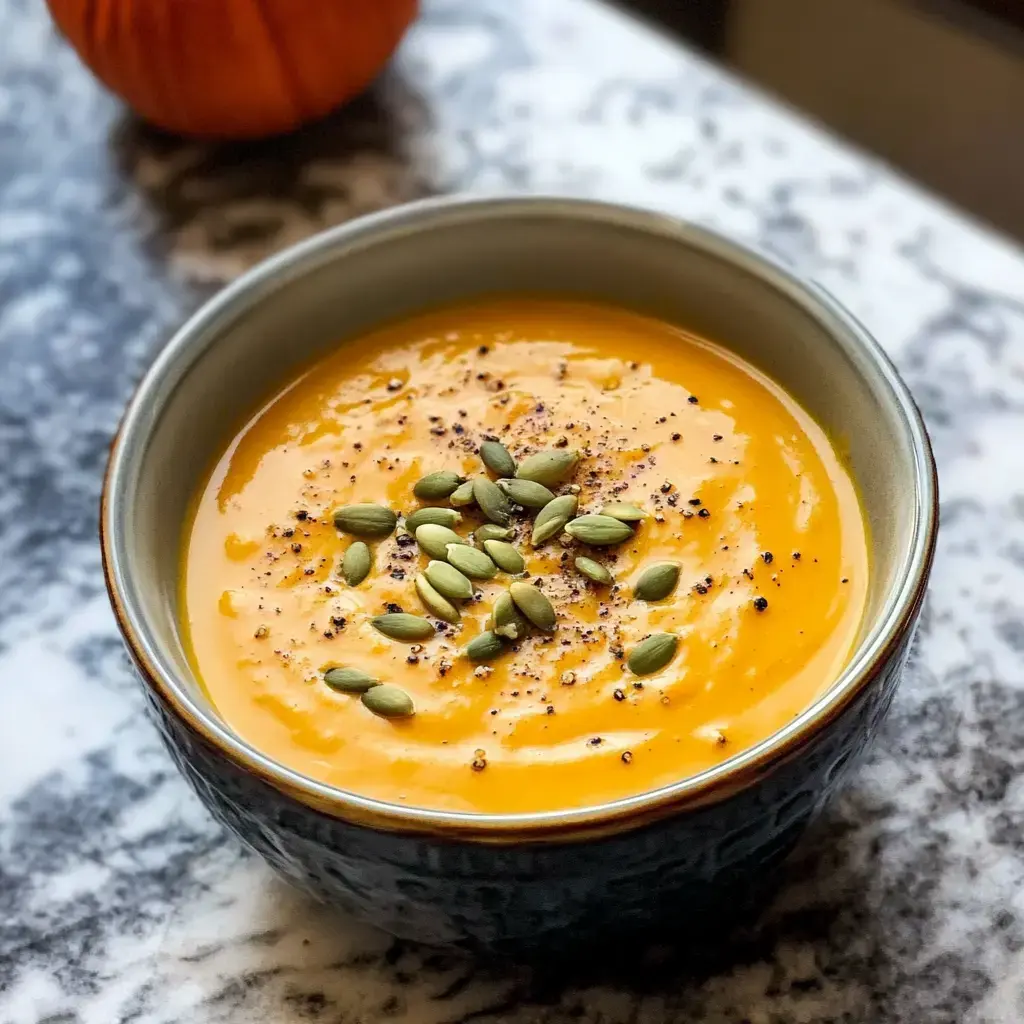 A bowl of creamy orange soup topped with pumpkin seeds and black pepper, with a small pumpkin in the background.