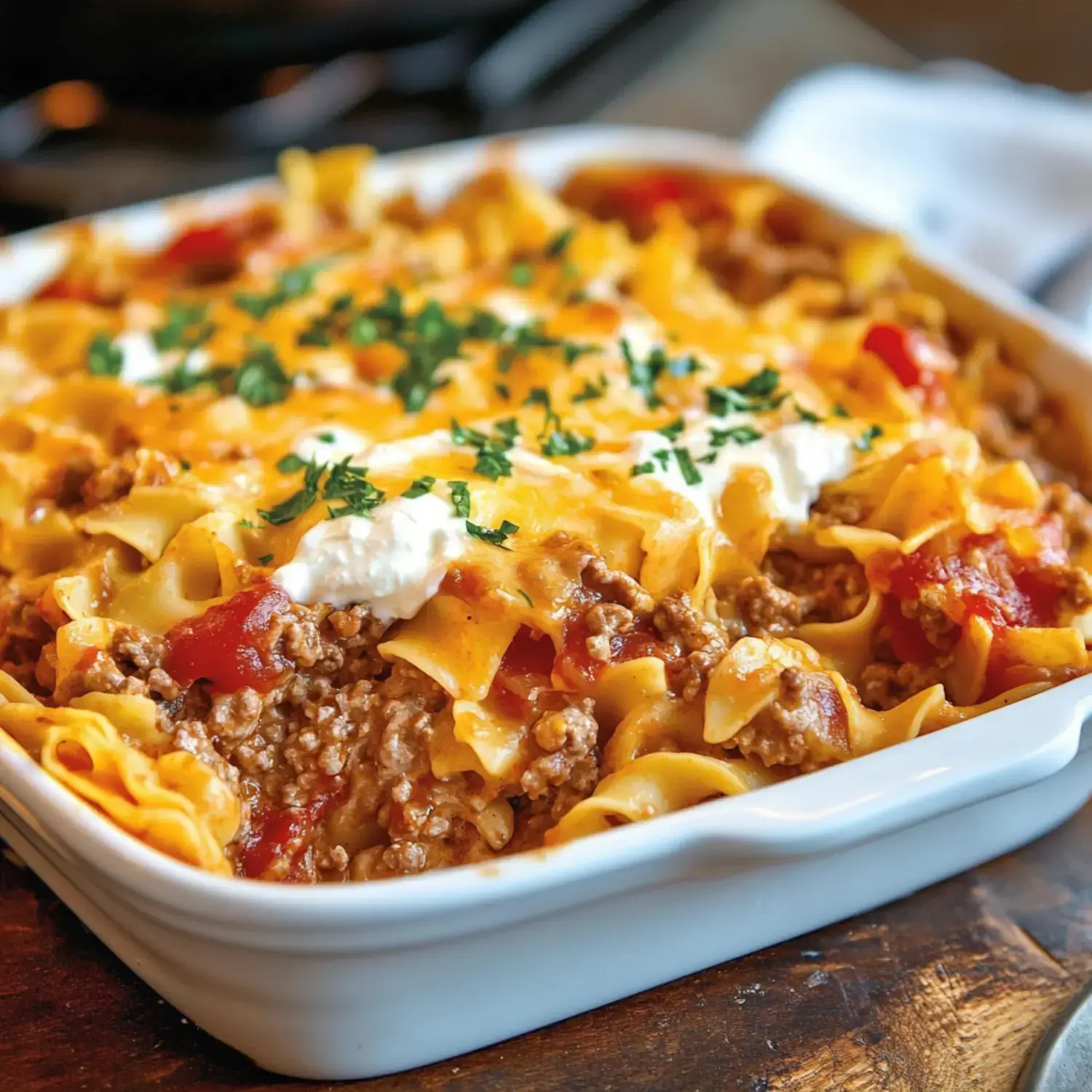 A baked pasta dish with noodles, ground beef, tomato sauce, cheese, and garnished with parsley and sour cream.