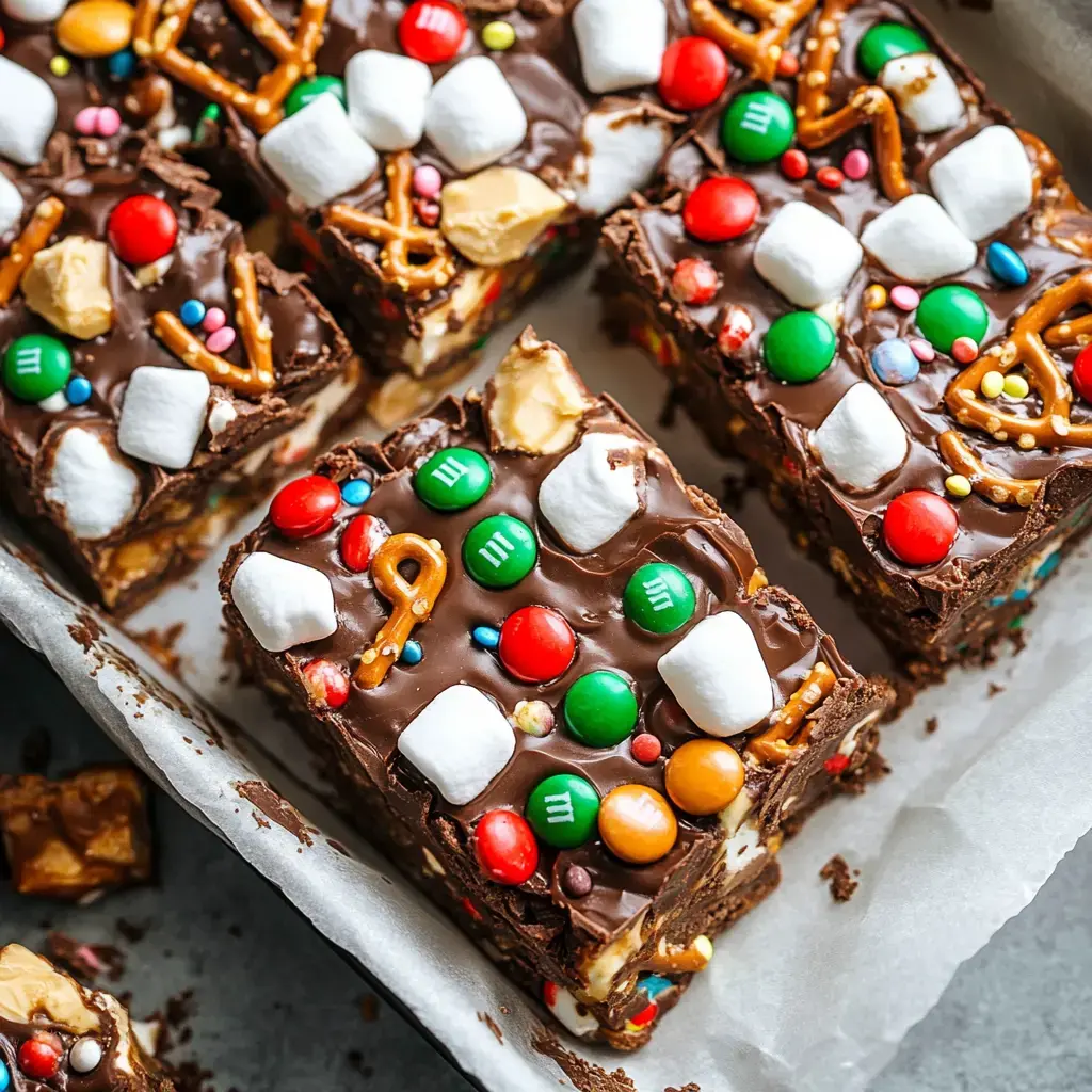 A close-up view of chocolate treats topped with marshmallows, colorful candies, pretzels, and drizzled chocolate, arranged on parchment paper.