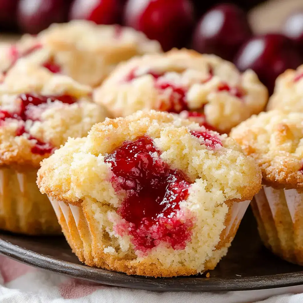 A close-up of freshly baked muffins with a gooey red filling, sitting on a dark plate.