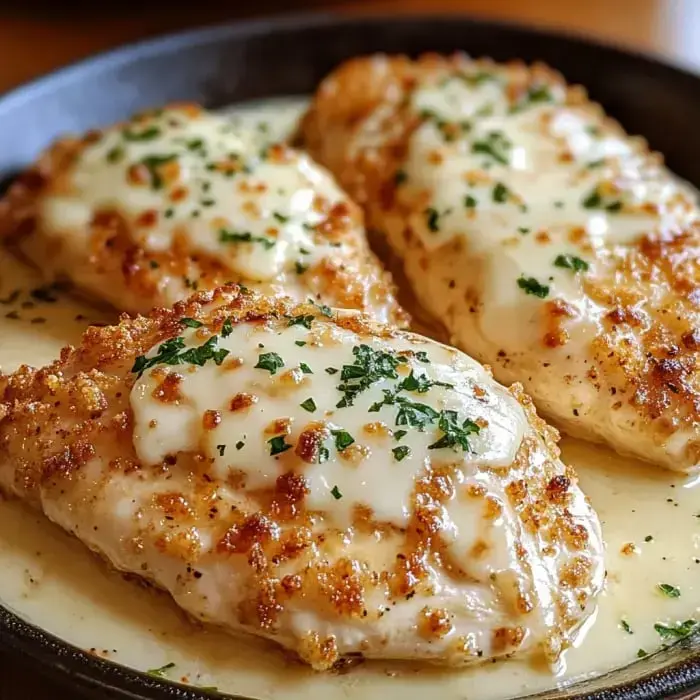 Three breaded chicken breasts covered in creamy sauce and garnished with parsley are served in a black skillet.