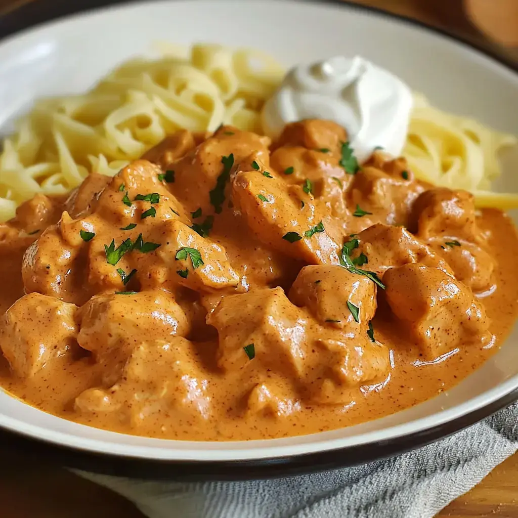 A serving of creamy chicken stew with parsley on top, served alongside pasta and a dollop of sour cream.