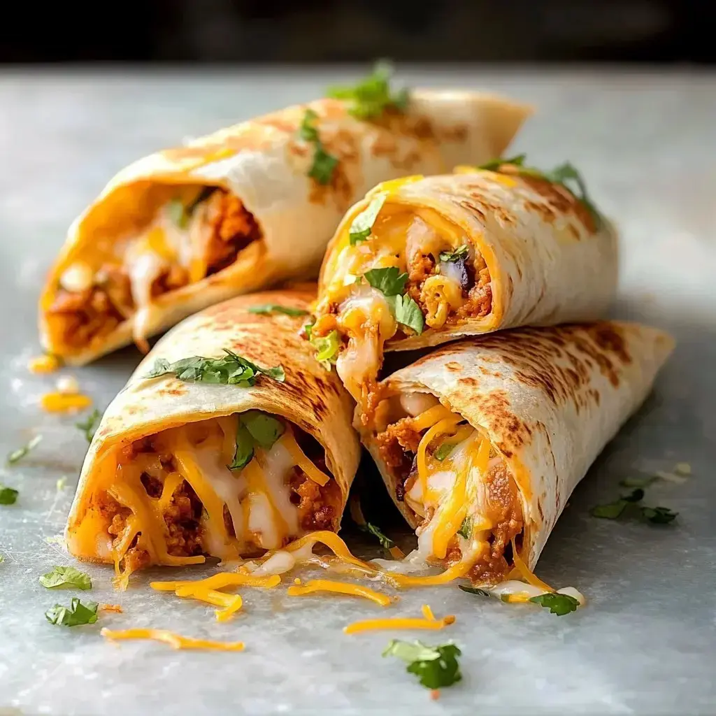 Three stuffed tortillas filled with melted cheese, shredded meat, and fresh cilantro, arranged on a light surface.