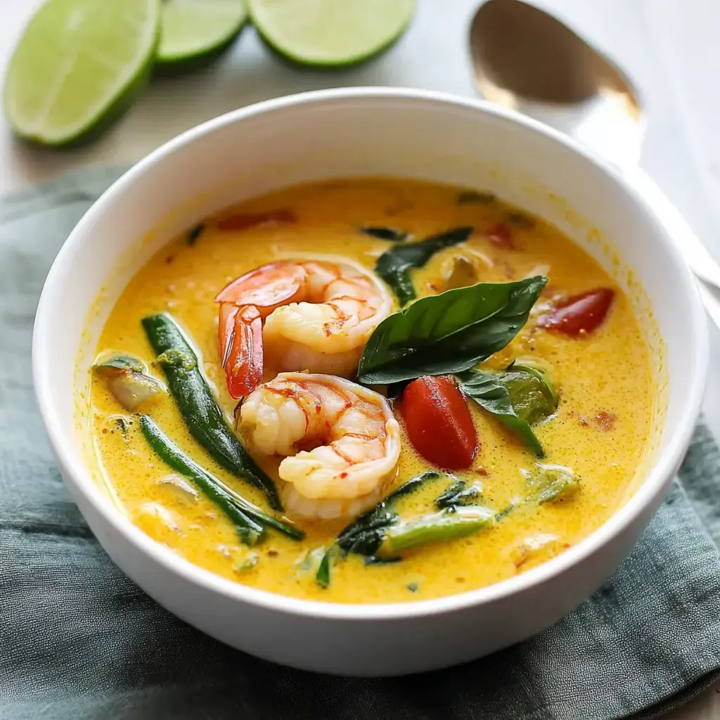 A bowl of creamy shrimp soup with vegetables, garnished with fresh basil and accompanied by lime wedges.