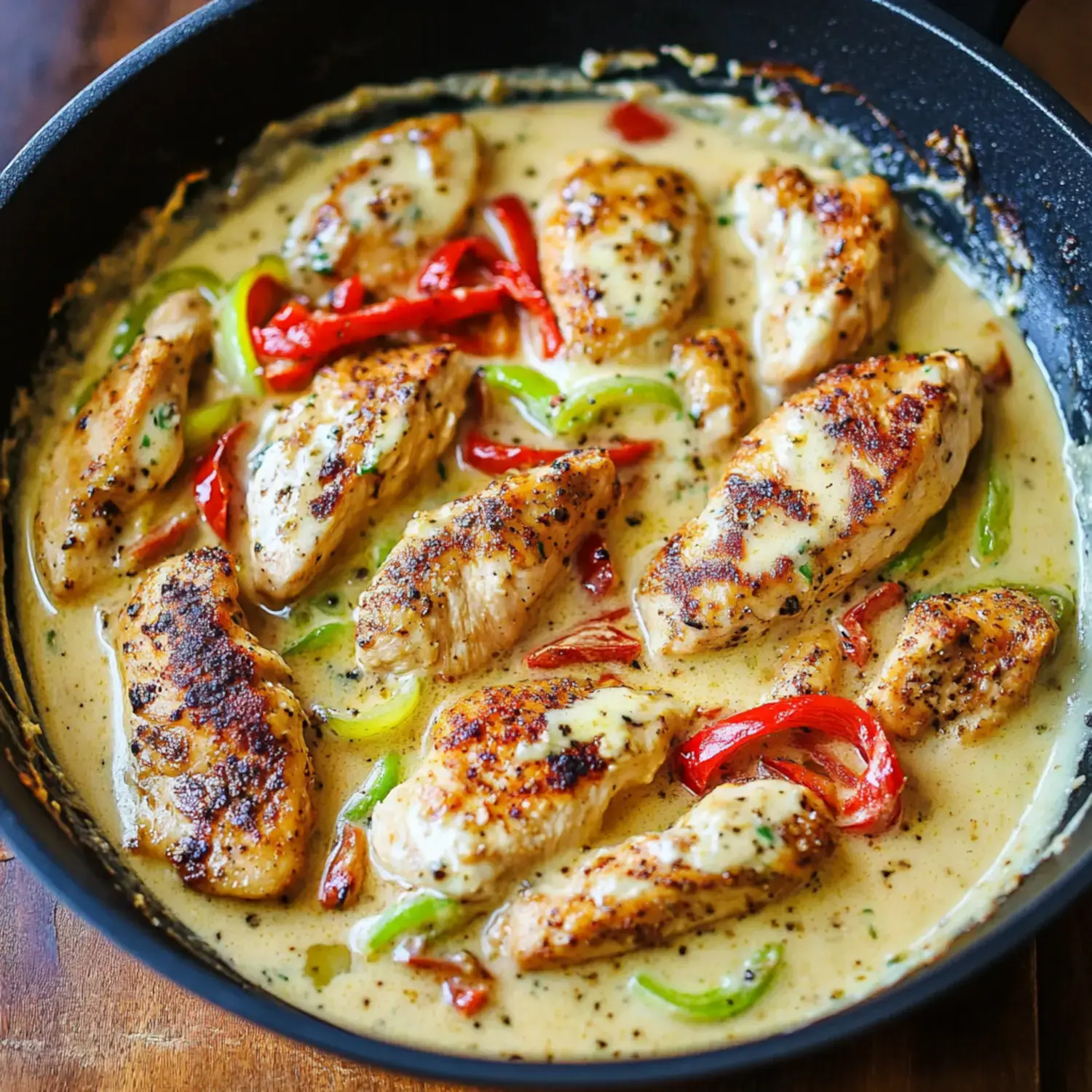 A skillet filled with sautéed chicken pieces cooked in a creamy sauce, garnished with slices of red and green bell peppers.