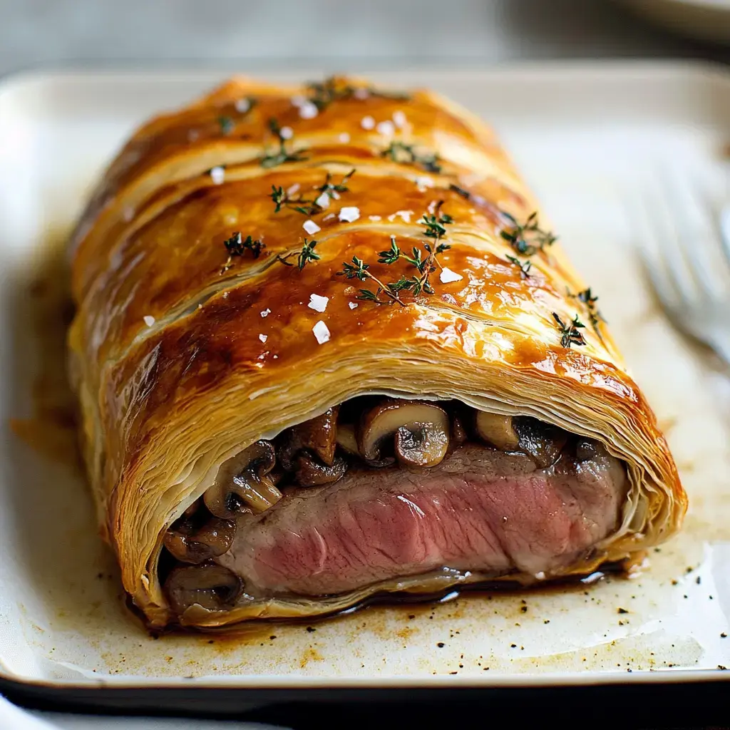 A golden-brown beef Wellington filled with mushrooms and garnished with thyme sits on a white plate.