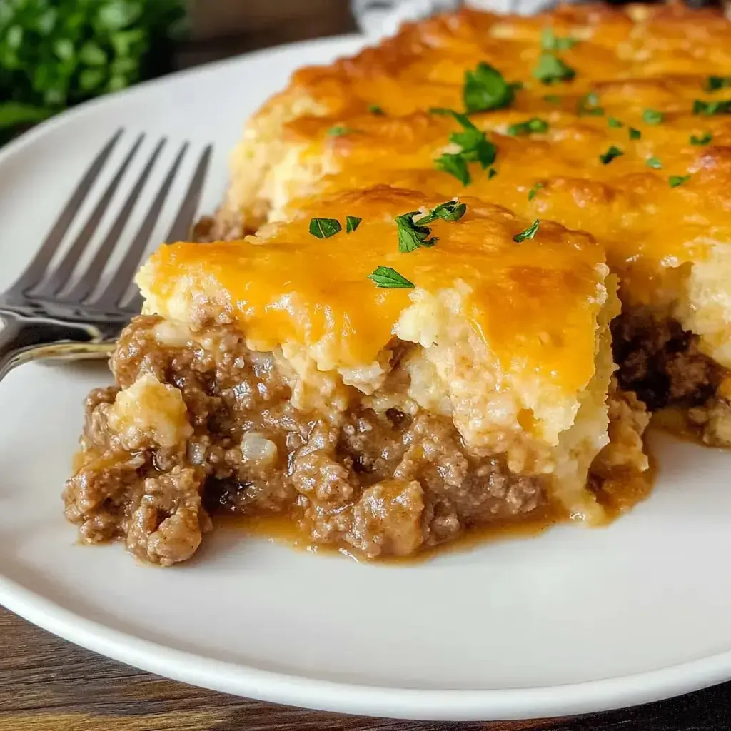 A close-up of a plate featuring a slice of cheesy beef casserole with a golden top and herbs garnishing.