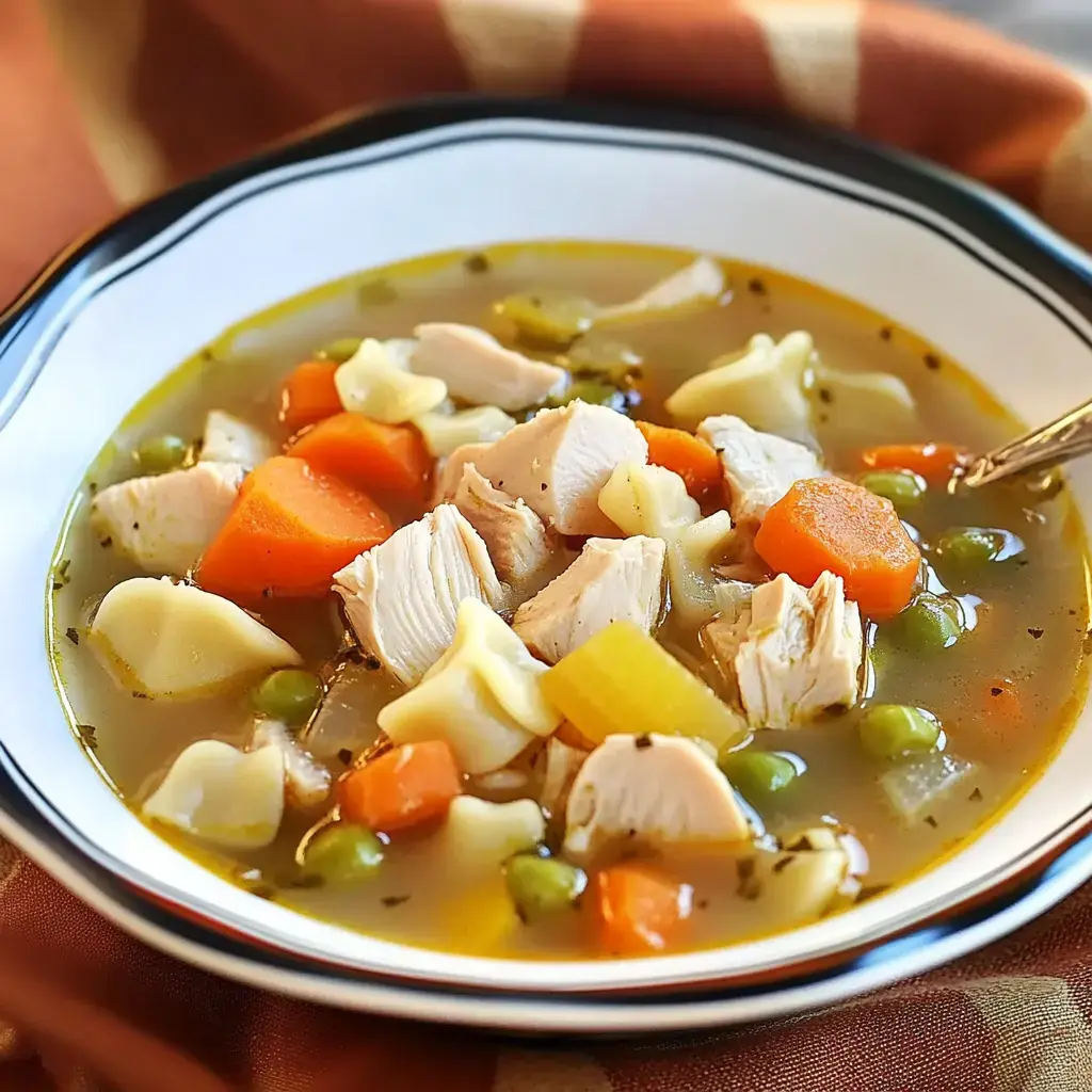 A bowl of hearty chicken soup with pieces of chicken, carrots, peas, and pasta in a flavorful broth.