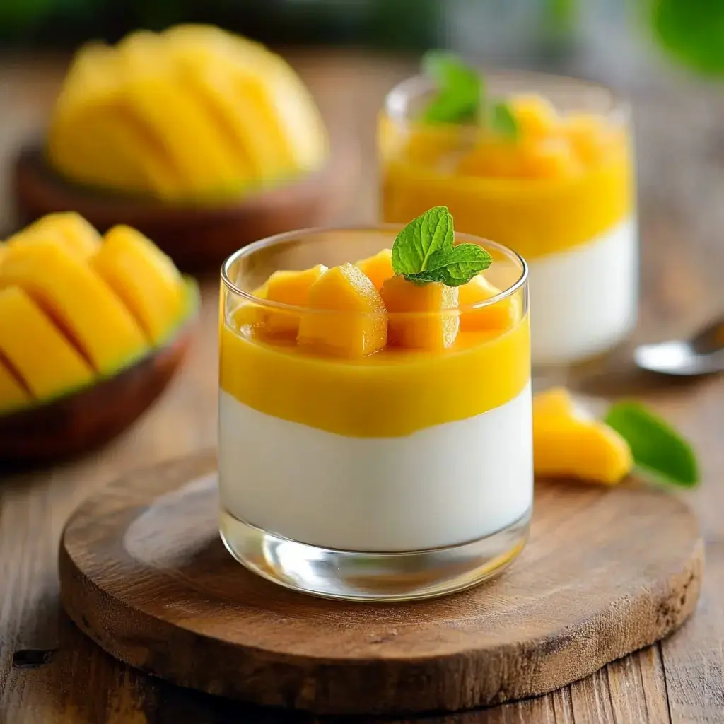 A close-up of a dessert glass filled with creamy yogurt topped with mango puree and diced mango, garnished with a mint leaf, alongside a bowl of sliced mango.