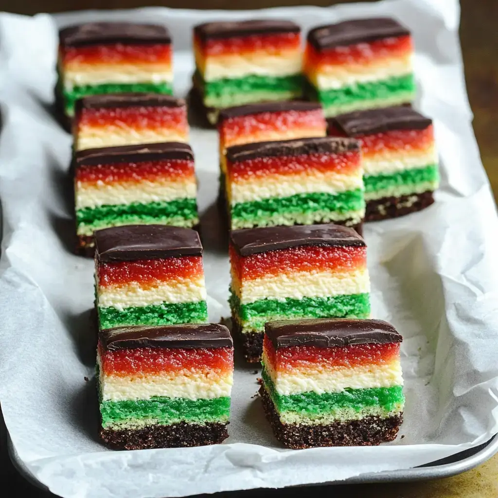 A tray of colorful layered desserts featuring red, green, and yellow stripes topped with dark chocolate.