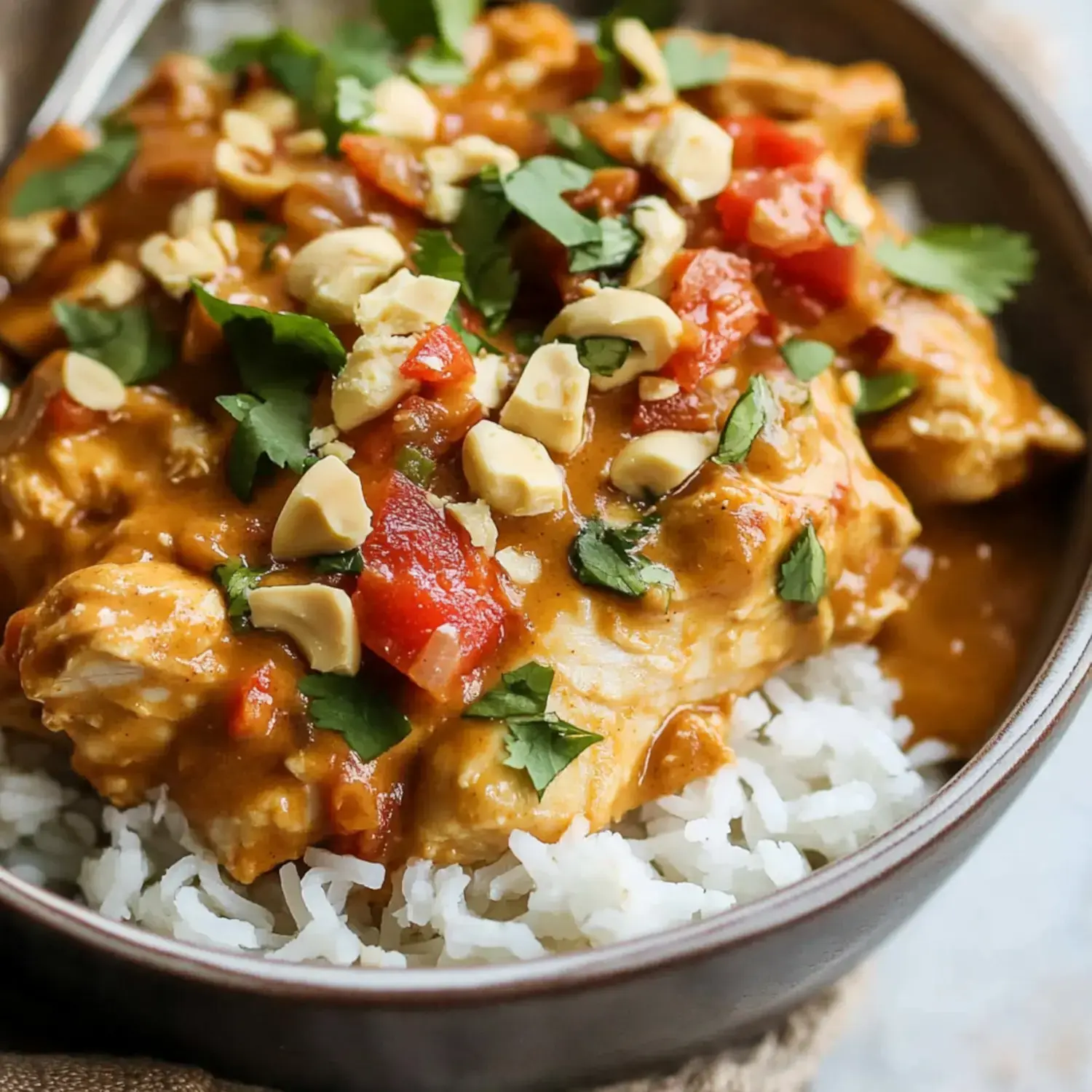 A bowl of rice topped with chicken in a creamy sauce, garnished with chopped tomatoes, cilantro, and crushed peanuts.