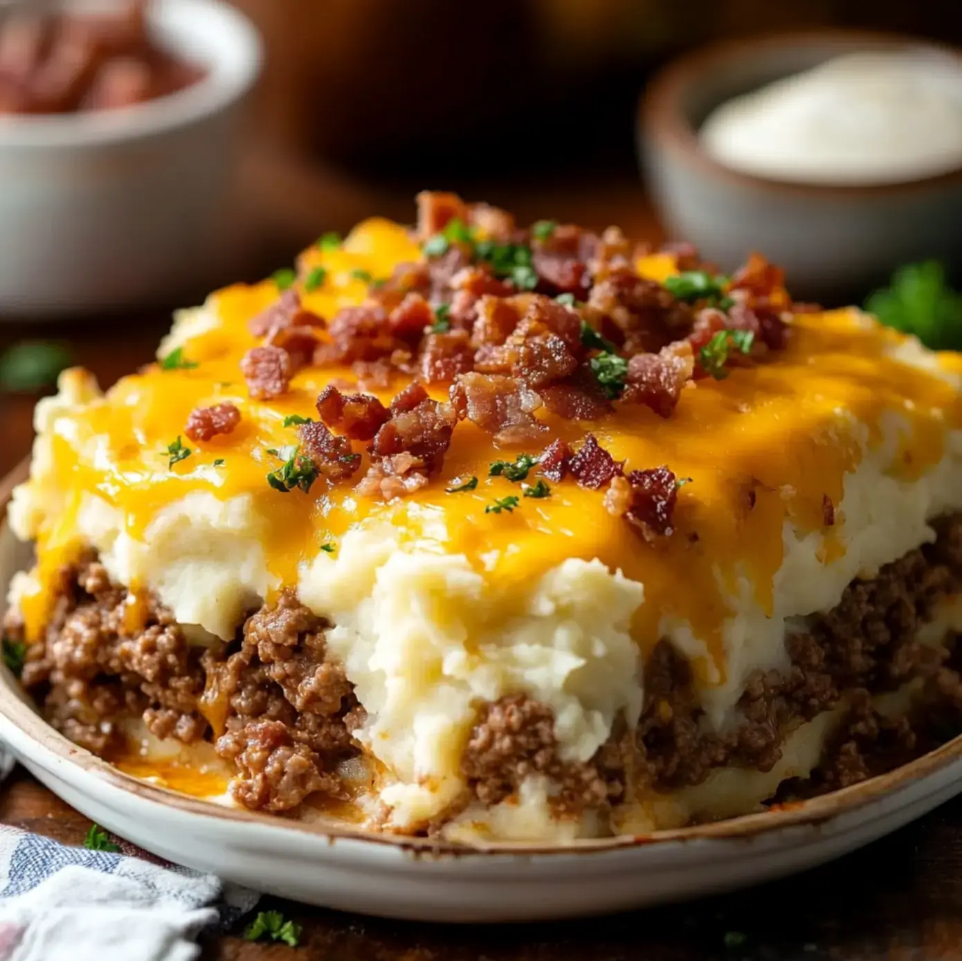 A hearty serving of layered shepherd's pie topped with melted cheddar cheese, crispy bacon bits, and fresh parsley.