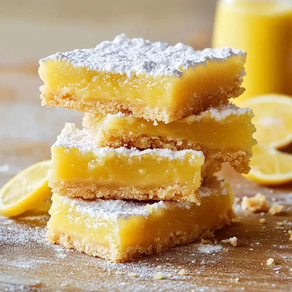 A stack of lemon bars dusted with powdered sugar, surrounded by lemon slices and a jar of lemon curd on a wooden surface.