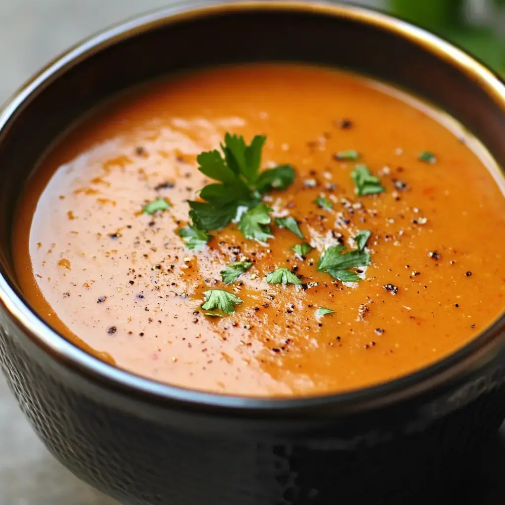 A bowl of rich orange soup is garnished with fresh cilantro and black pepper.