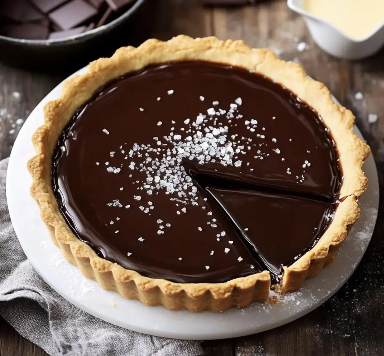 A chocolate tart topped with sea salt sits on a white plate, with a slice cut out, alongside pieces of dark chocolate and a small bowl of cream.