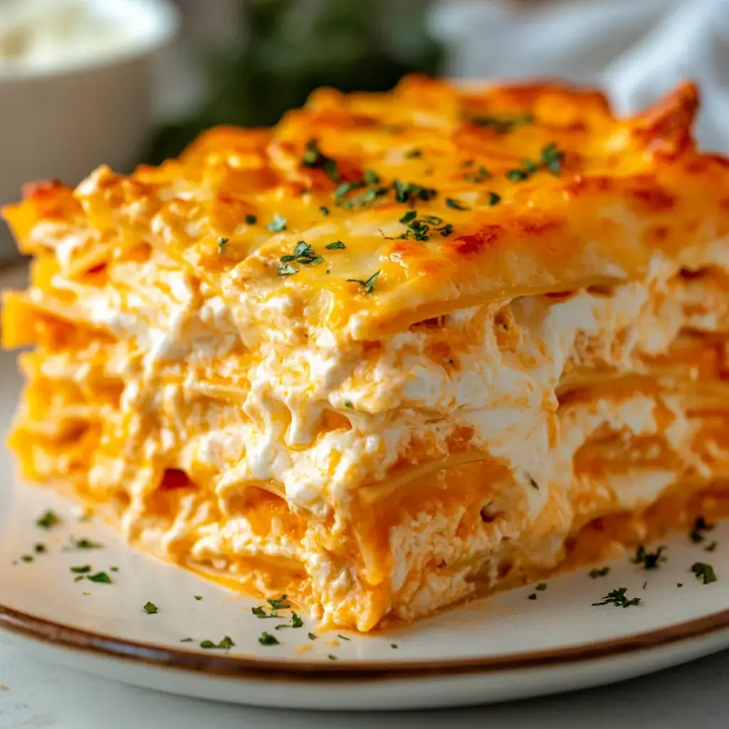 A close-up of a slice of cheesy lasagna topped with parsley on a plate.