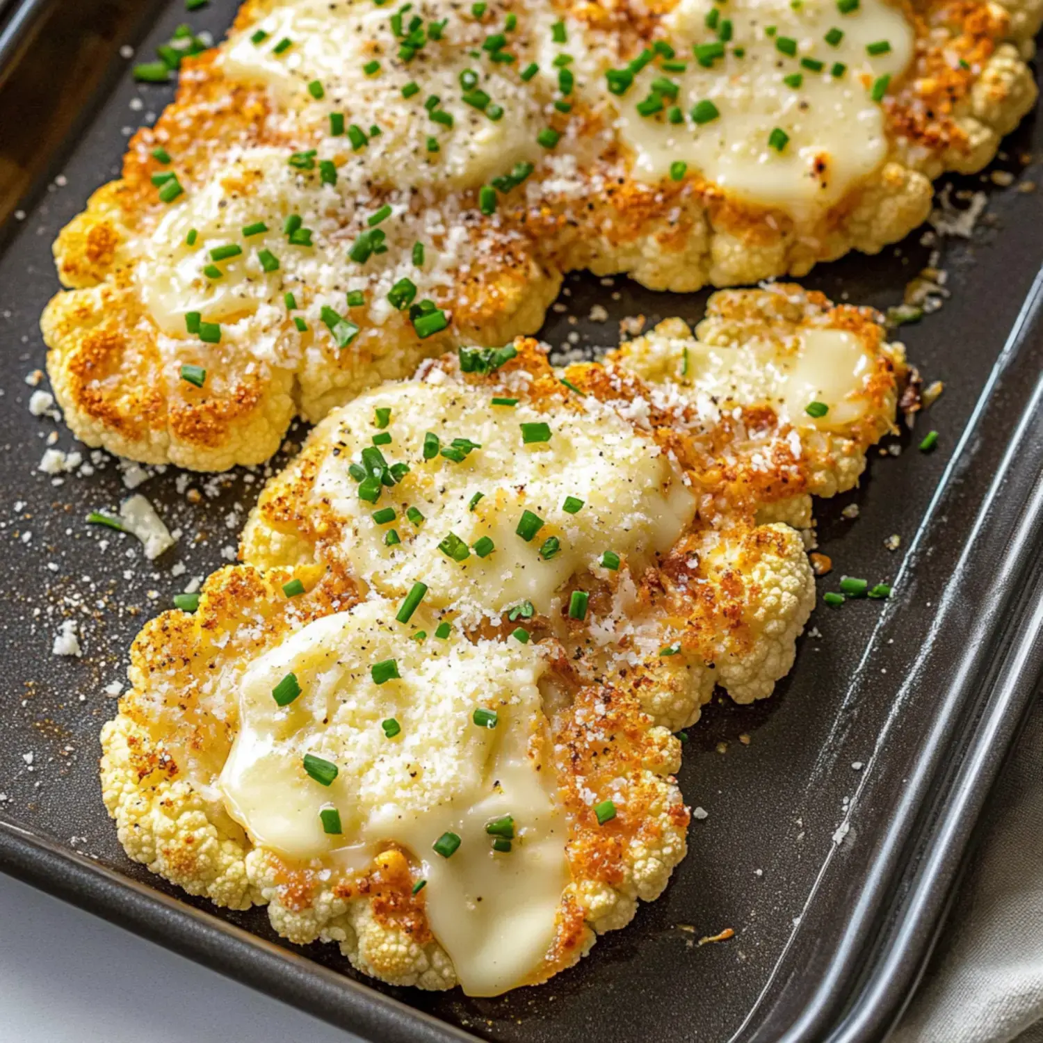 Two roasted cauliflower steaks topped with melted cheese, grated Parmesan, and chopped chives on a baking tray.