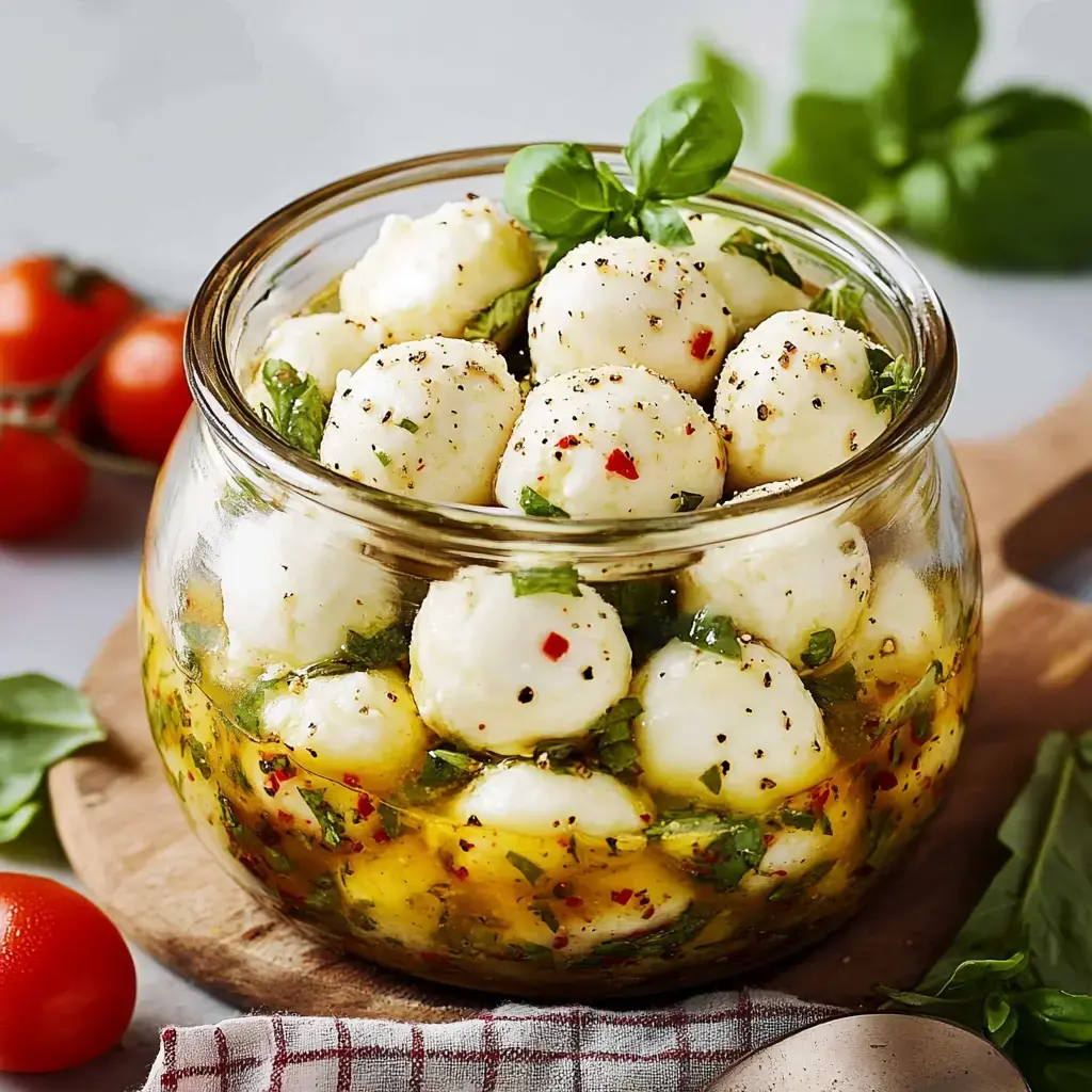 A glass jar filled with marinated mozzarella balls, basil, and spices, surrounded by cherry tomatoes on a wooden surface.