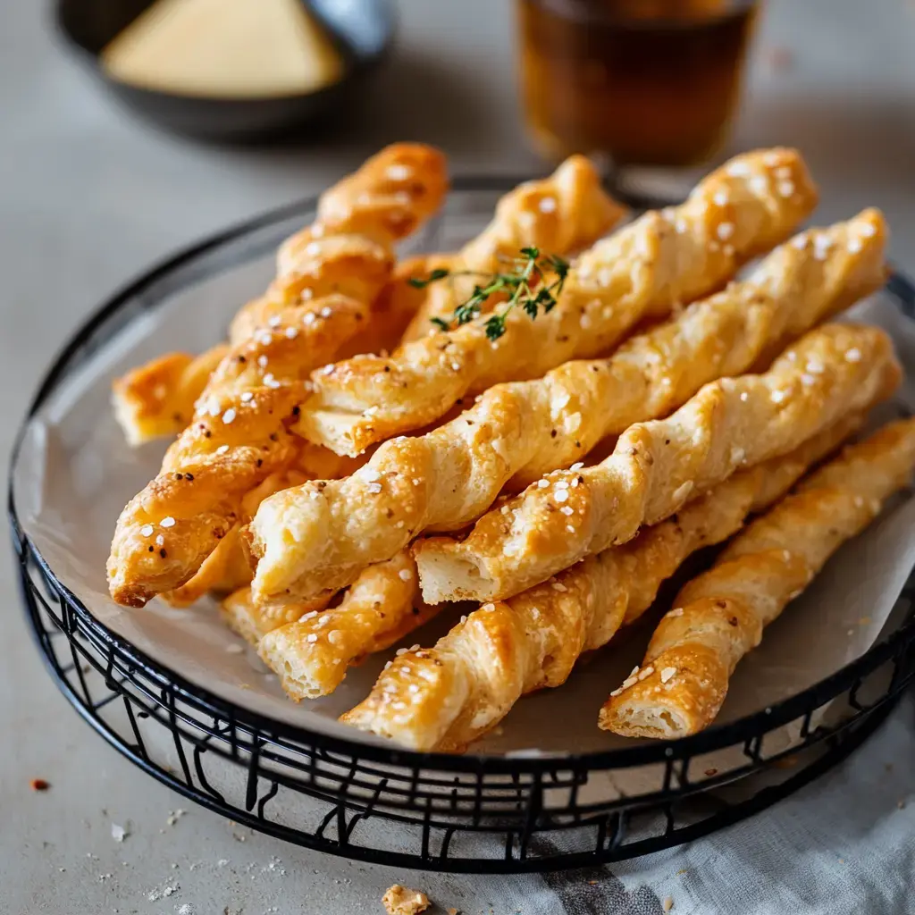 A plate of crispy, twisted breadsticks sprinkled with salt, garnished with a sprig of thyme.