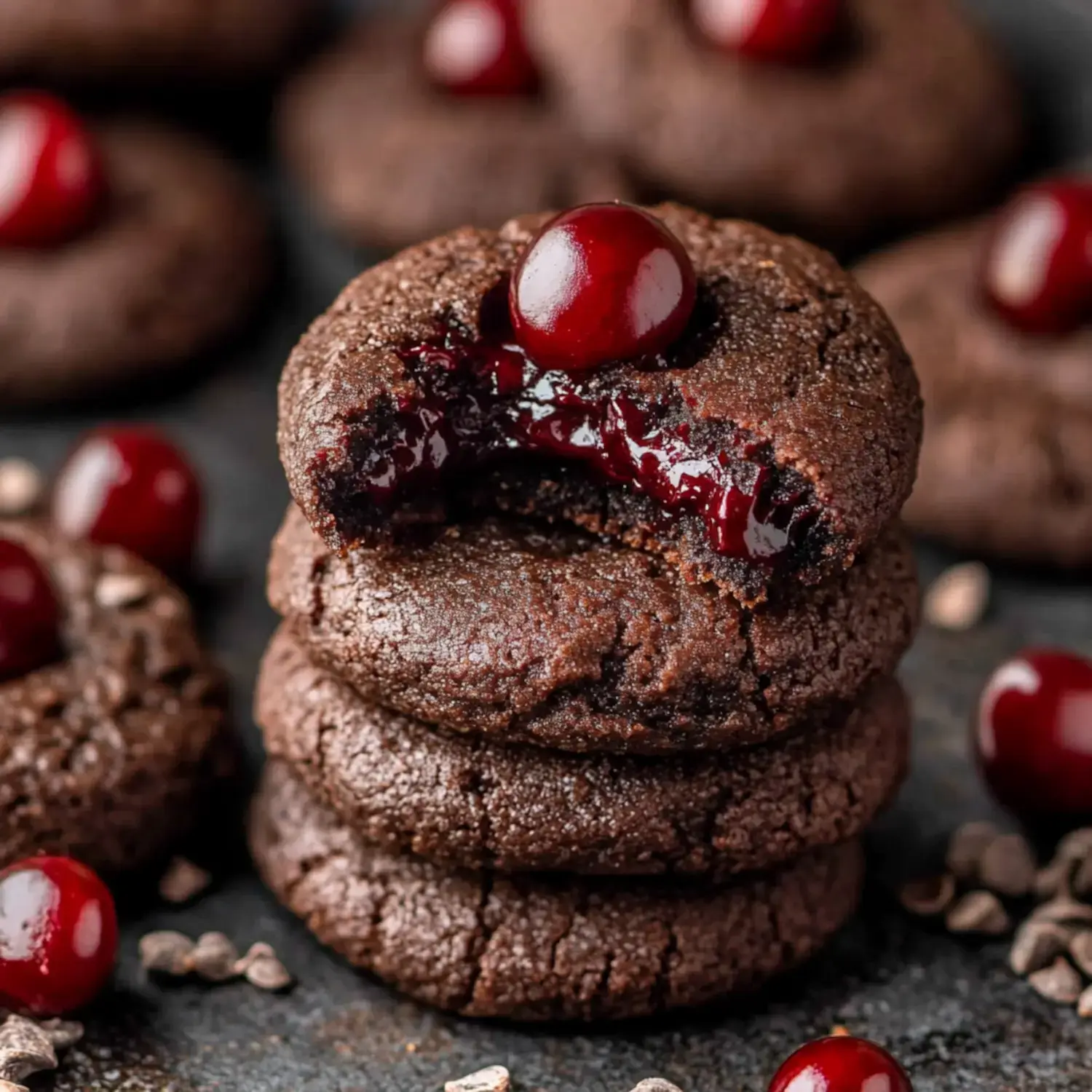 A stack of chocolate cookies filled with cherry jam and topped with a cherry, surrounded by chocolate pieces and more cookies.