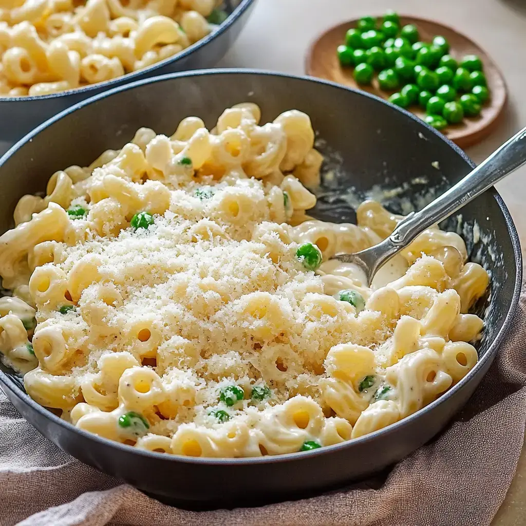 A bowl of creamy pasta with peas topped with grated cheese, beside a small plate of green peas.