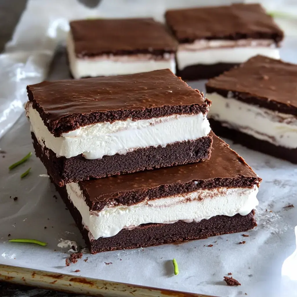 A stack of layered chocolate and cream dessert squares, featuring a chocolate top and bottom with a creamy middle, displayed on parchment paper.