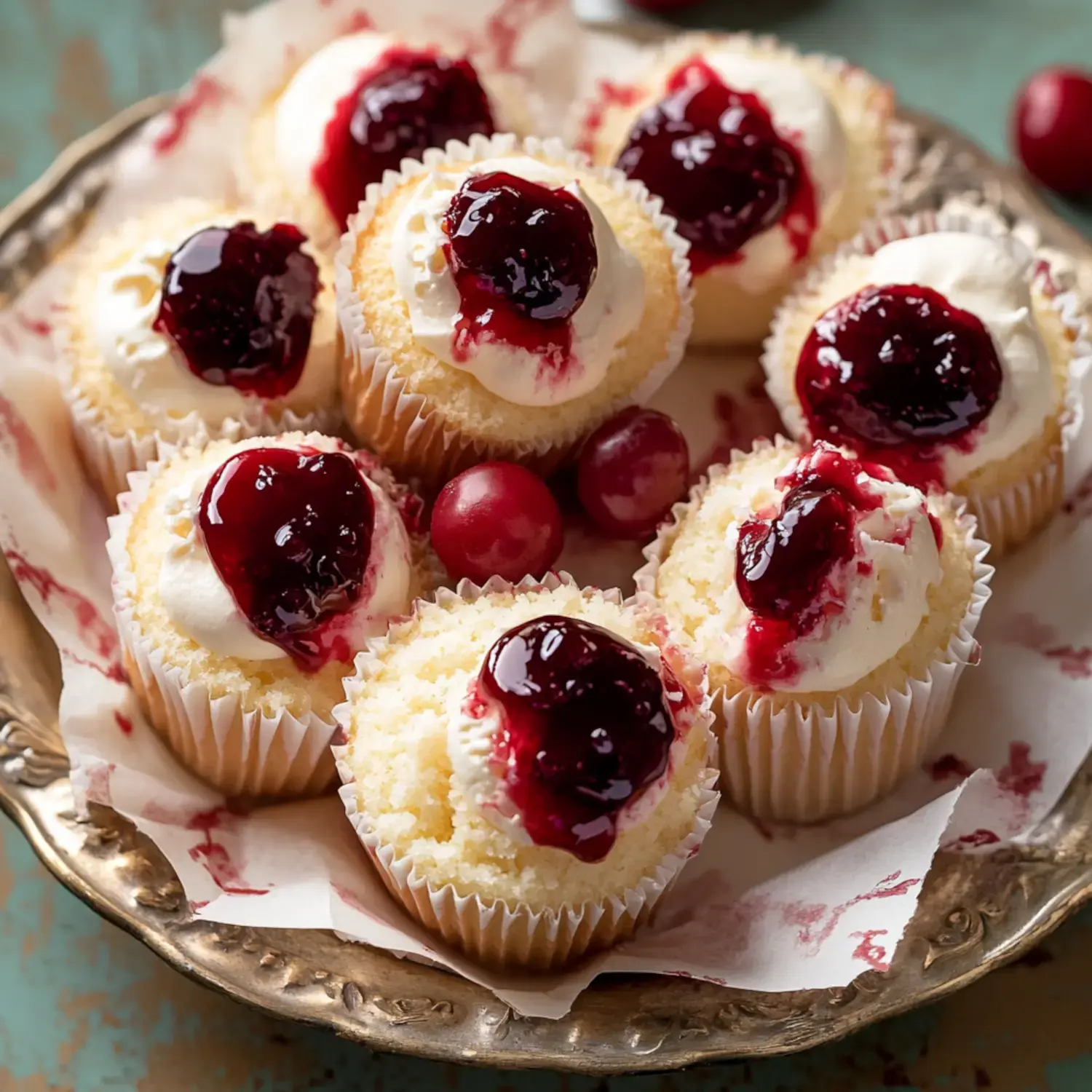 A silver platter holds a cluster of vanilla cupcakes topped with creamy frosting and dollops of red berry sauce, alongside a few red berries.