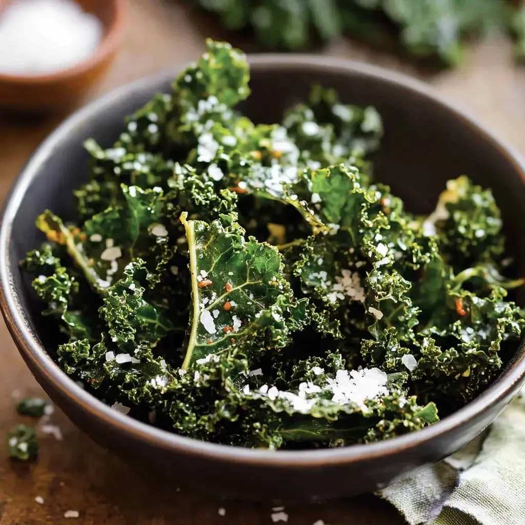 A bowl of fresh, seasoned kale leaves is sprinkled with coarse salt.