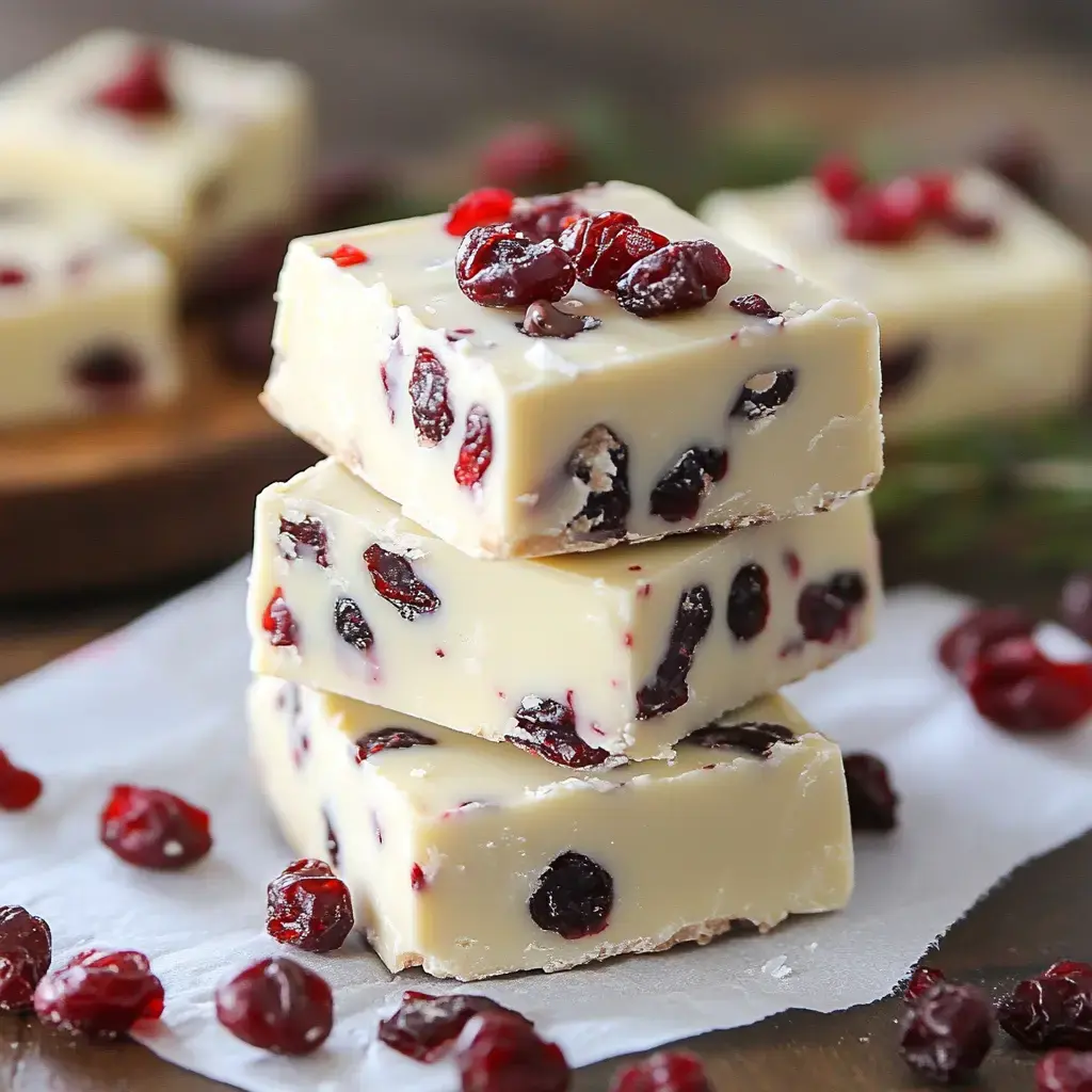 A stack of white chocolate fudge with dried cranberries is displayed on a piece of parchment paper, surrounded by scattered cranberries.