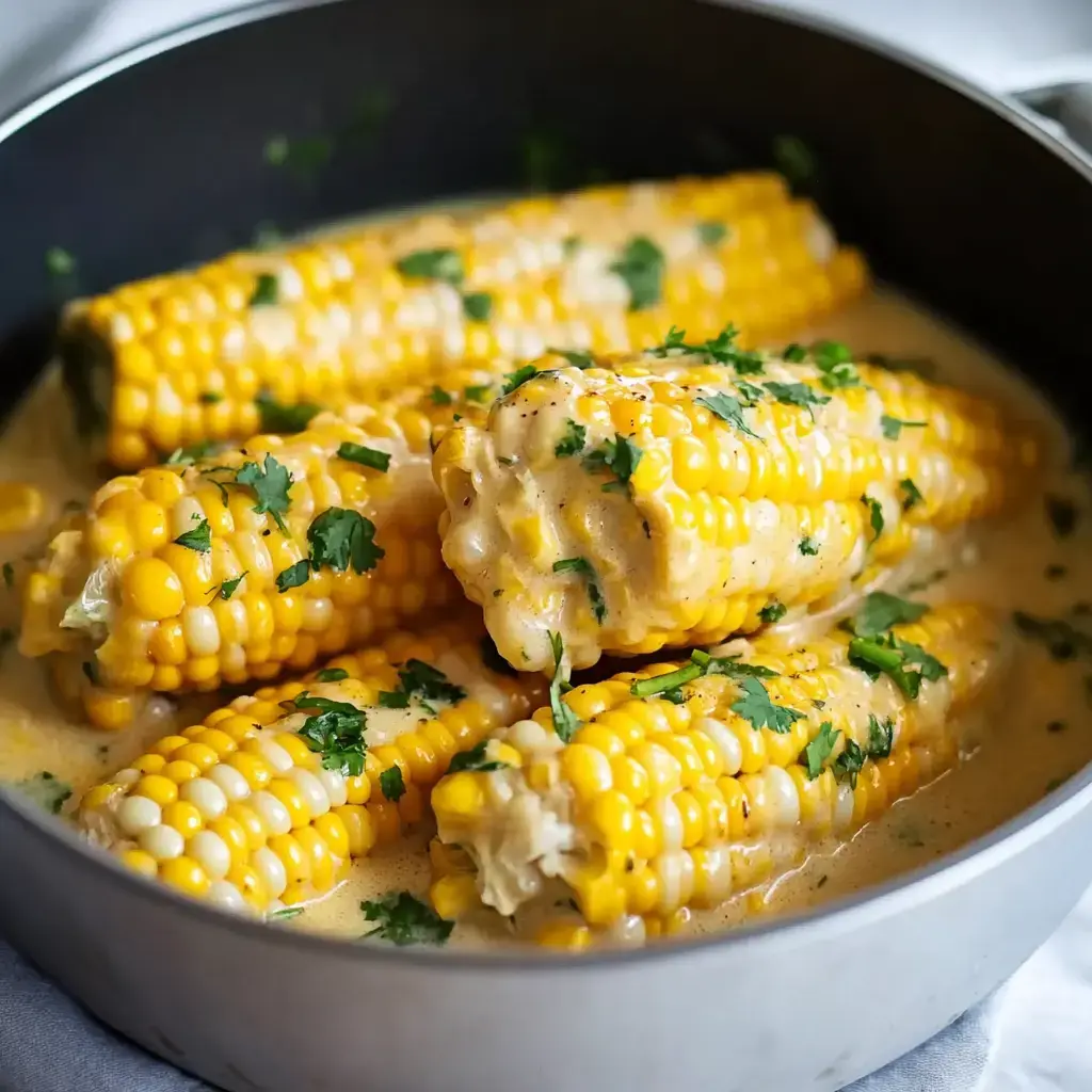 A close-up view of a pot filled with corn on the cob, garnished with chopped cilantro and surrounded by a creamy sauce.