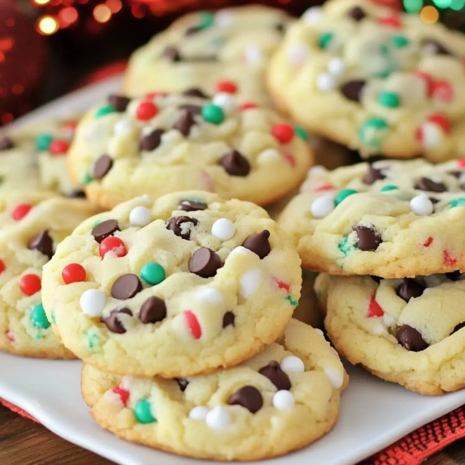 A plate of festive cookies topped with chocolate chips and colorful sprinkles.