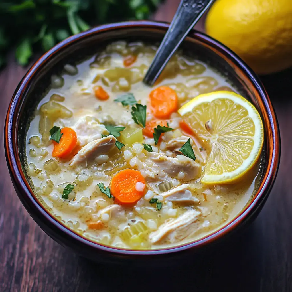 A bowl of hearty chicken soup with carrots, celery, grains, and a slice of lemon, garnished with parsley.