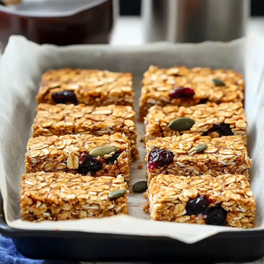 A tray of homemade granola bars with oats, pumpkin seeds, and dried berries, arranged neatly on parchment paper.