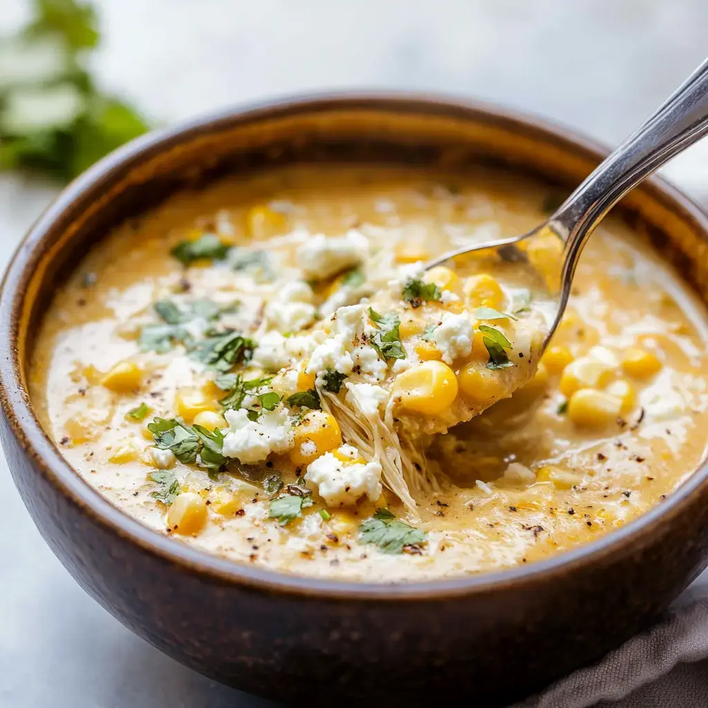 A bowl of creamy corn soup topped with fresh herbs and cheese, with a spoonful being lifted.