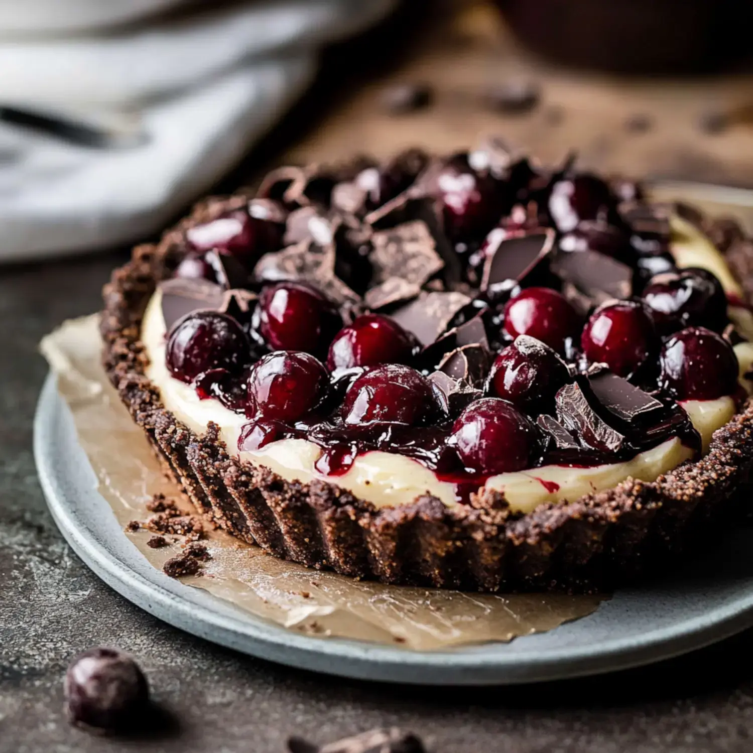 A chocolate crust tart topped with creamy filling, cherries, and chocolate shards, resting on a gray plate.