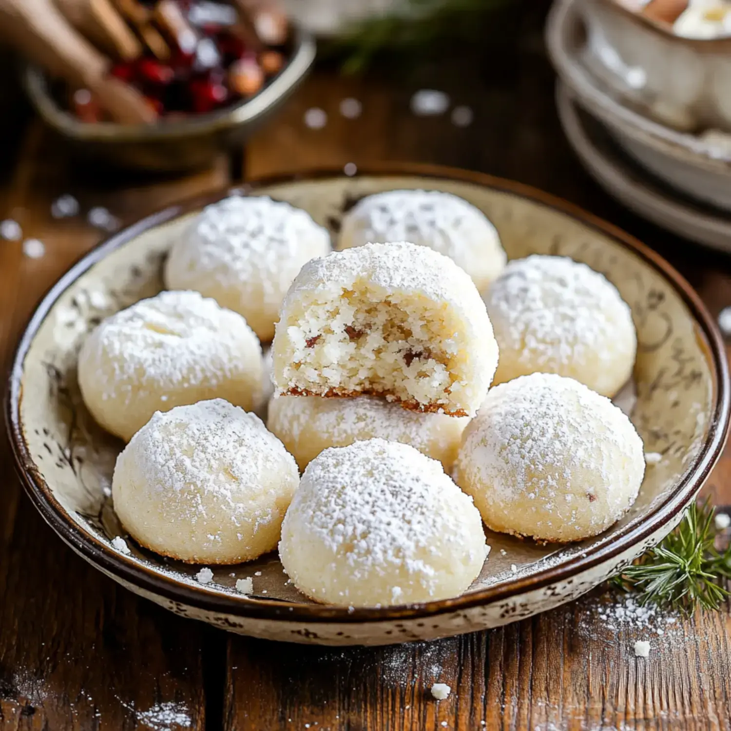 A plate of powdered sugar-dusted sweet pastries, with one cut open to reveal a soft, textured filling.