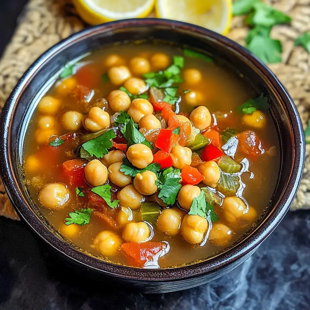 A close-up of a dark bowl filled with chickpea soup garnished with chopped cilantro and red bell peppers, accompanied by lemon slices in the background.