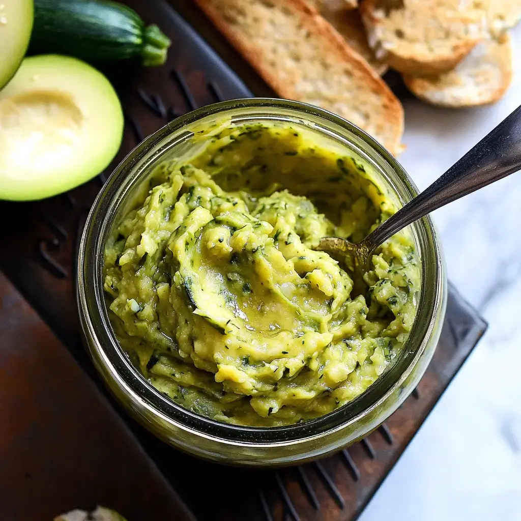 A jar of green zucchini spread with a spoon rests on a wooden surface, accompanied by sliced zucchini and toasted bread in the background.