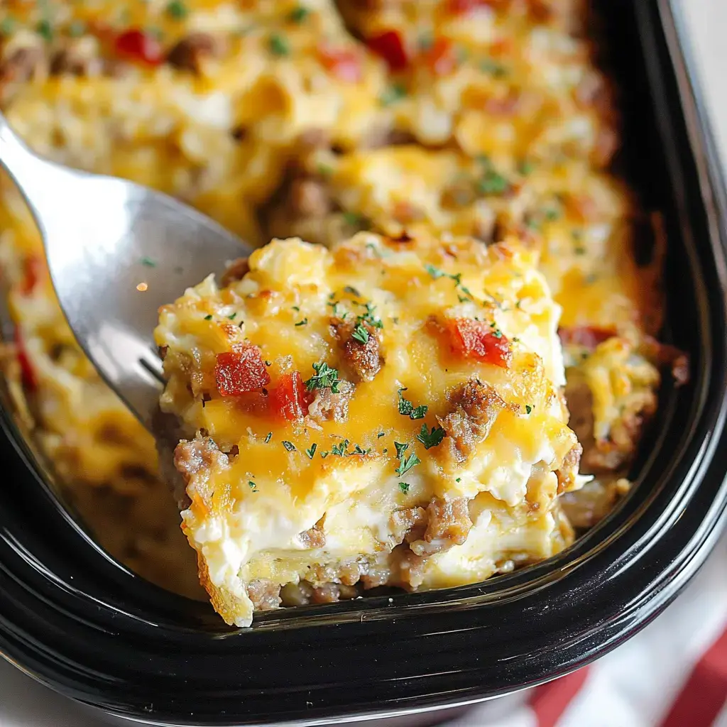 A spoon is lifting a piece of cheesy, baked casserole topped with meat and herbs from a black dish.