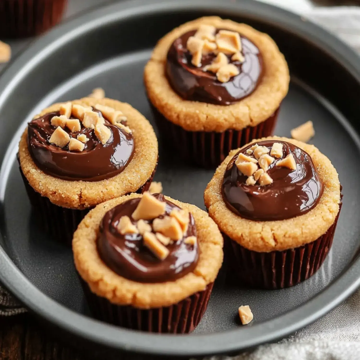 A close-up of four chocolate-topped cupcakes with a crumbly peanut butter crust, garnished with chopped peanuts on a black plate.