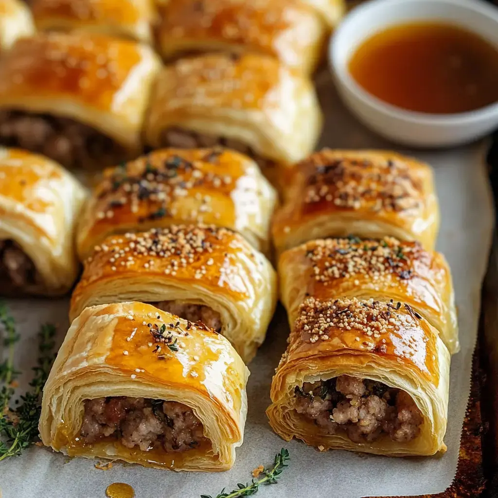 A close-up of golden-brown sausage rolls arranged on parchment paper, accompanied by a small bowl of sauce.