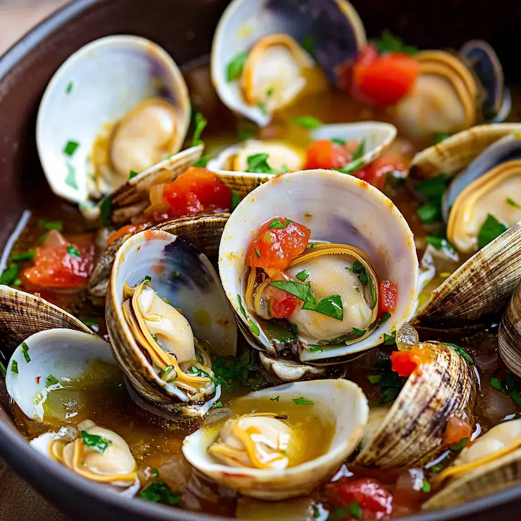 A close-up of a bowl of clams in a flavorful broth garnished with diced tomatoes and chopped parsley.