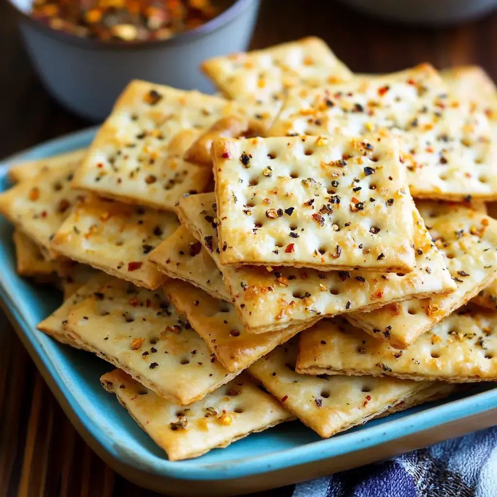 A plate piled high with seasoned crackers, some topped with herbs and spices, sits on a wooden surface.