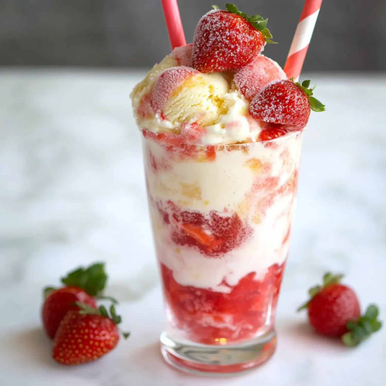 A tall glass layered with strawberry syrup, vanilla ice cream, and topped with whole strawberries and two striped straws.