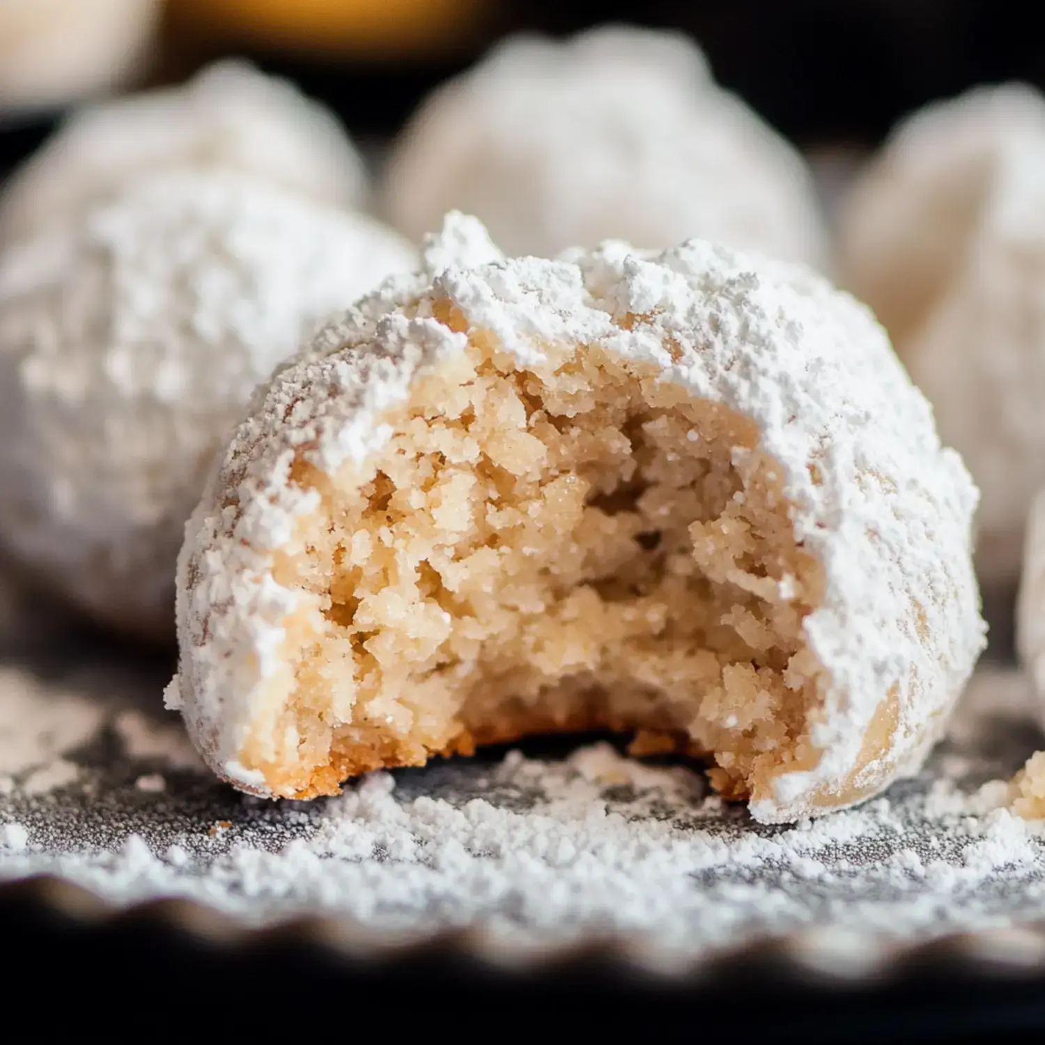 A close-up of a powdered sugar-covered cookie with a bite taken out, revealing a soft, crumbly interior.