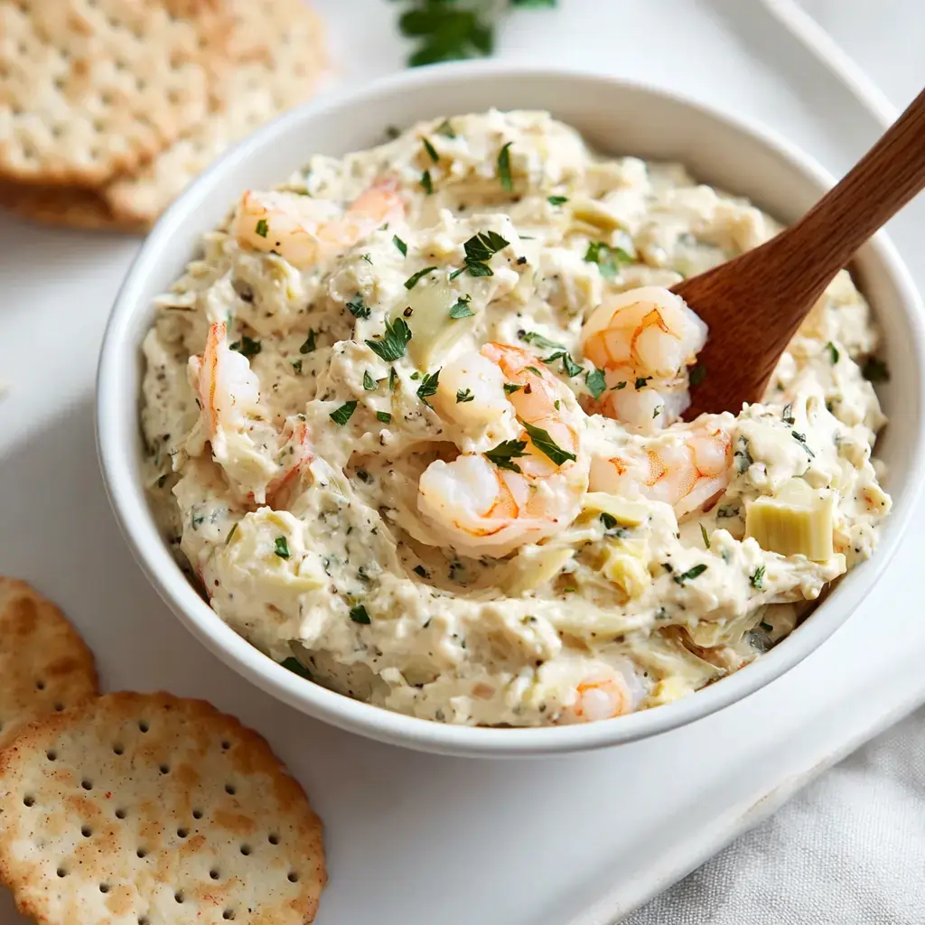 A bowl of creamy shrimp dip topped with parsley, accompanied by crispy crackers on the side.