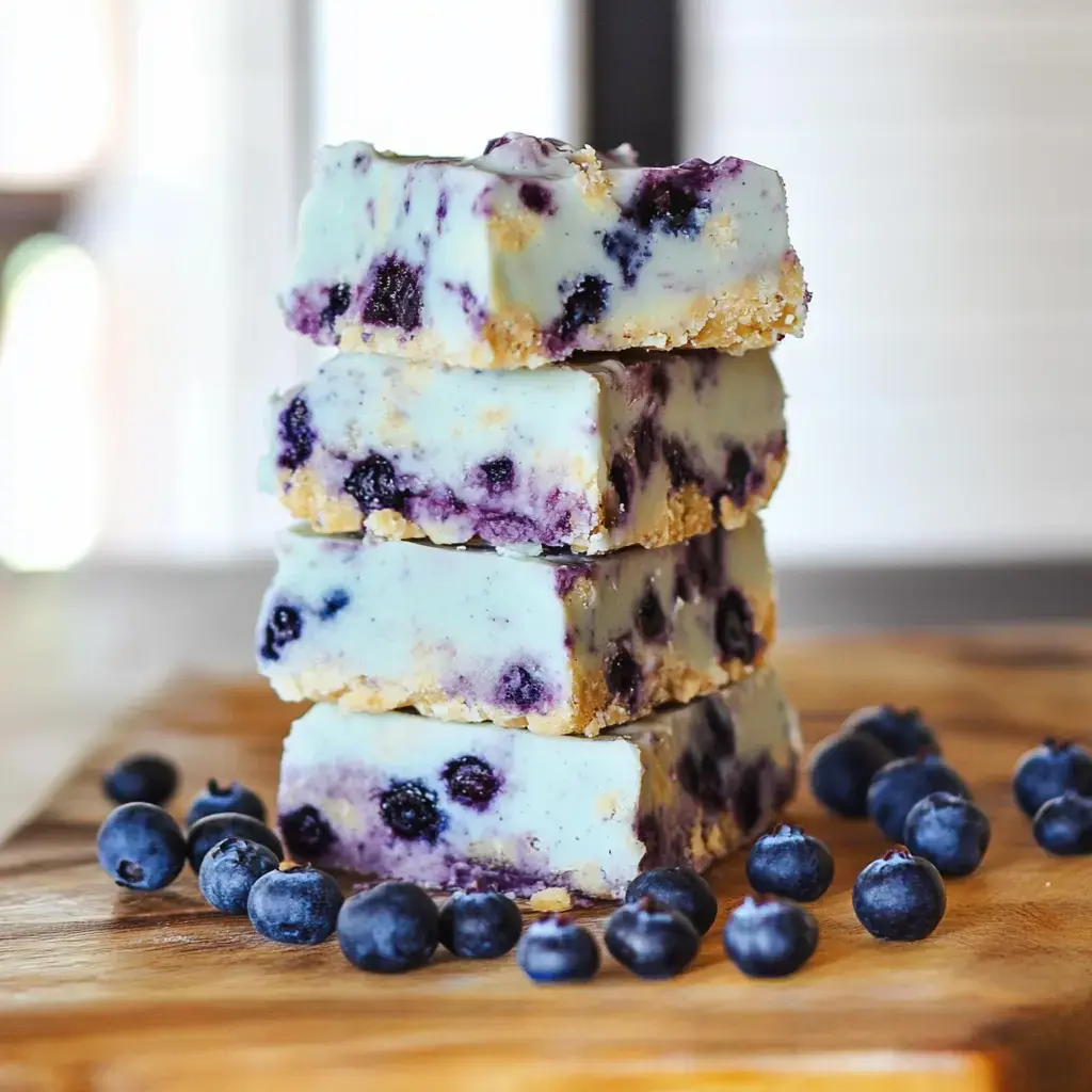 A stack of four blueberry dessert bars rests on a wooden surface, surrounded by fresh blueberries.